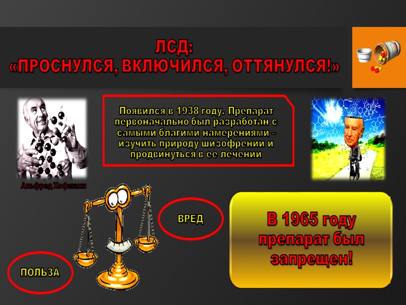 ЛСД: «ПРОСНУЛСЯ, ВКЛЮЧИЛСЯ, ОТТЯНУЛСЯ!» Альфред Хофманн Появился в 1938 году. Препарат первоначально был разработан